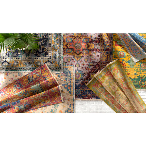 Image of Surya Festival Traditional Eggplant, Lilac, Light Gray, Lime, Sky Blue, Violet, Mustard, Coral Rugs FVL-1004